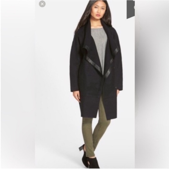 Eileen Fisher 100% Wool Black Trench Coat with Leather Collar Trim Size Medium - Picture 1 of 12